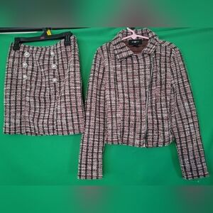 Amy Byer Plaid Skirt Set Long Sleeves Zip Up Jacket Girls Size Small 7/8 Tweed